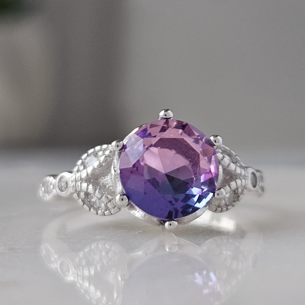 Pink & Purple Round Gemstone Ring, real 925 Sterling Silver Charmed Aroma